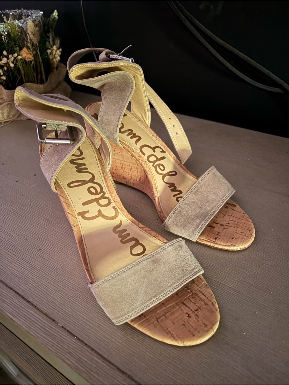 Sam Edelman Light Beige Suede Cork Ankle-Strap Wedges